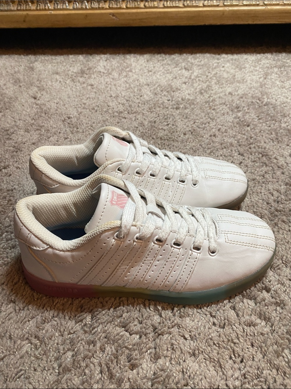 K-Swiss low top White Leather Sneakers with Rainbow Gradient Sole SZ 3